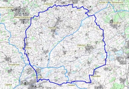 Die Karte zeigt das gesamte Beobachtungsgebiet zum Schutz gegen die Geflügelpest. Die dunkelblaue Linie kennzeichnet das Beobachtungsgebiet, das bis in die Kreise Gütersloh und Soest hinein reicht. Die hellblauen Linien markieren die Kreisgrenzen.  © Foto: Kreis Paderborn